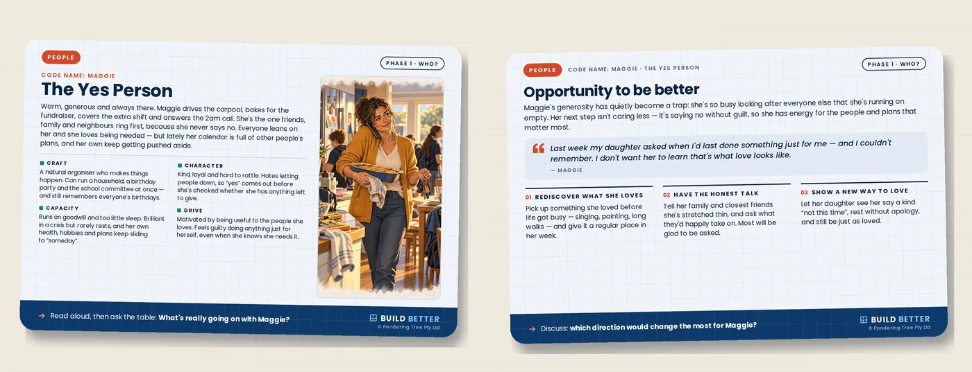 Maggie's People card, front and back, laid side by side