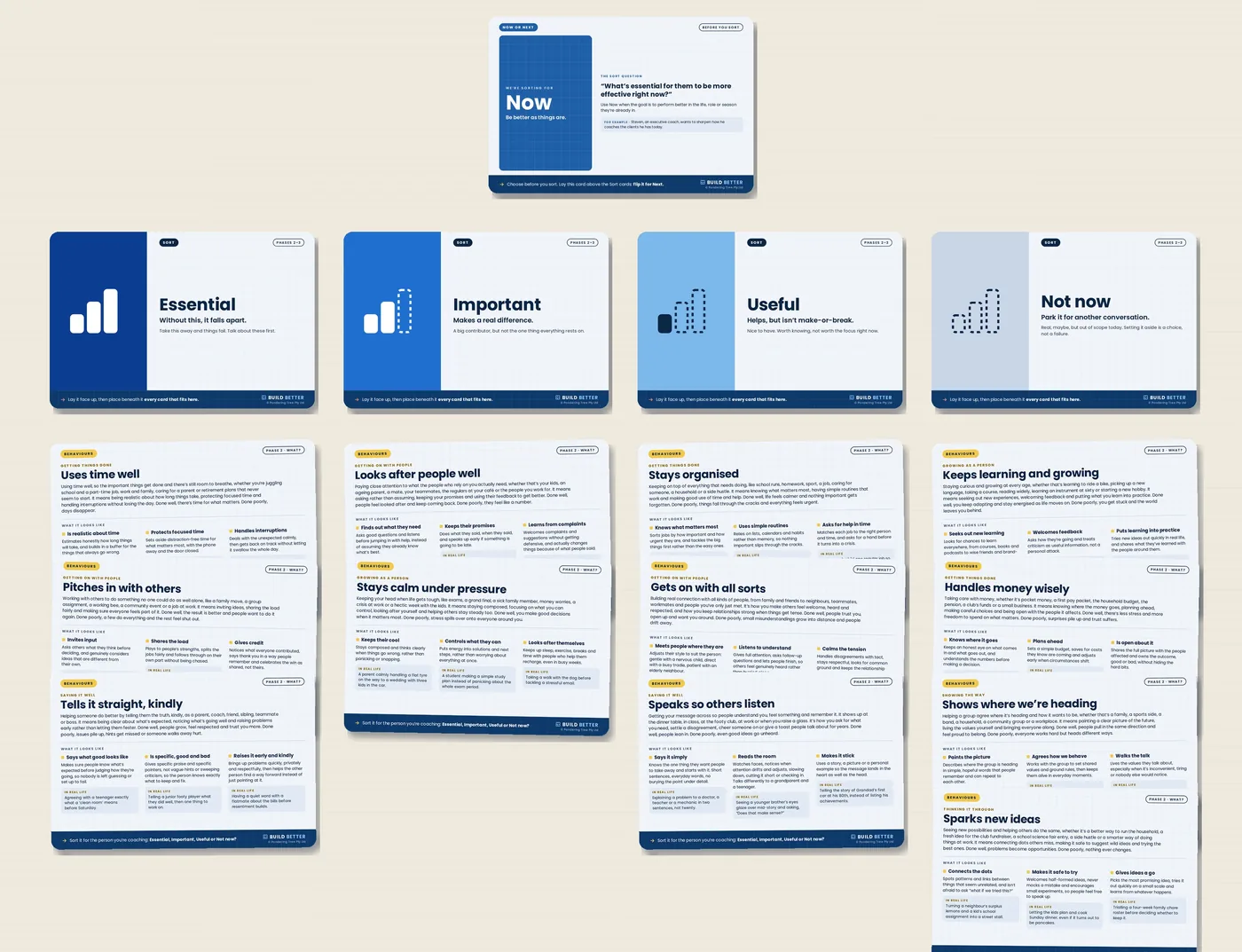 A Now sort for Maggie, with Behaviour cards placed under Essential, Important, Useful and Not now